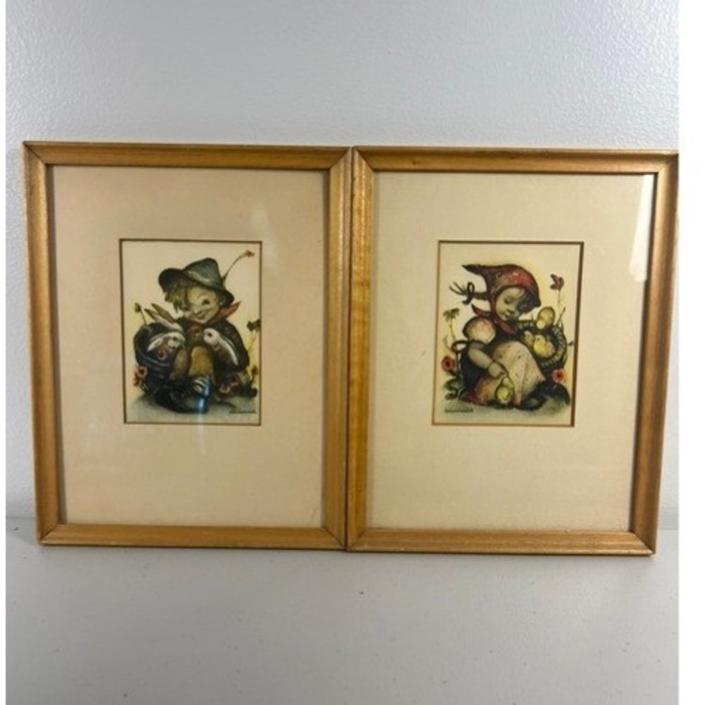 Vintage Hummel Framed Prints Set of 2 Boy with Rabbits Girl with Chicks Wood 9x7